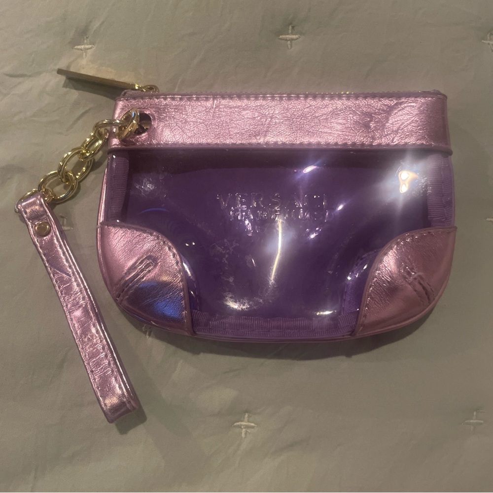 Versace Farfums Clear Purple Metallic Faux Leather Pouch  Zip Wristlet